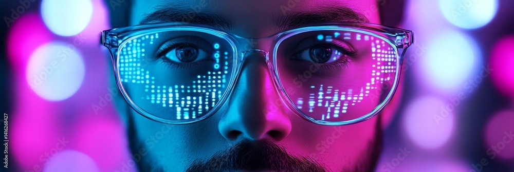Poster programmer portrait with neon reflections: a modern digital art featuring coding in glasses against 