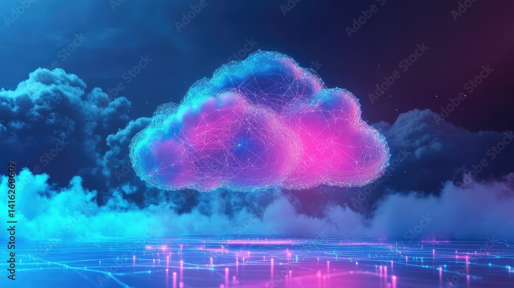 Poster futuristic digital cloud concept with neon colors and abstract connections over a nebula background 