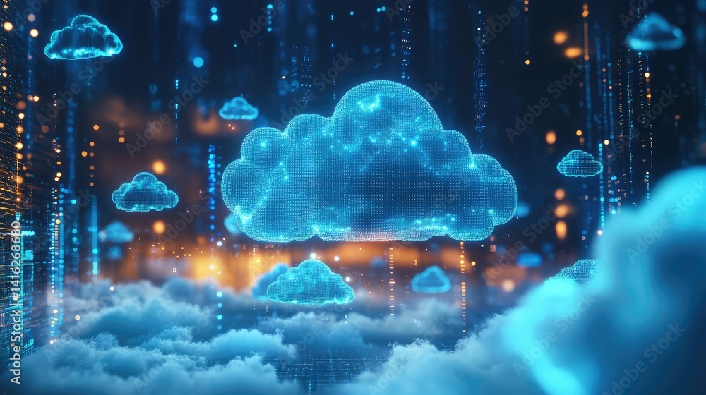 Poster futuristic digital cloud computing concept with holographic clouds and data streams in a high-tech e