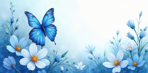 serene blue watercolor butterfly in flower surround, insect photography, flowers with insects