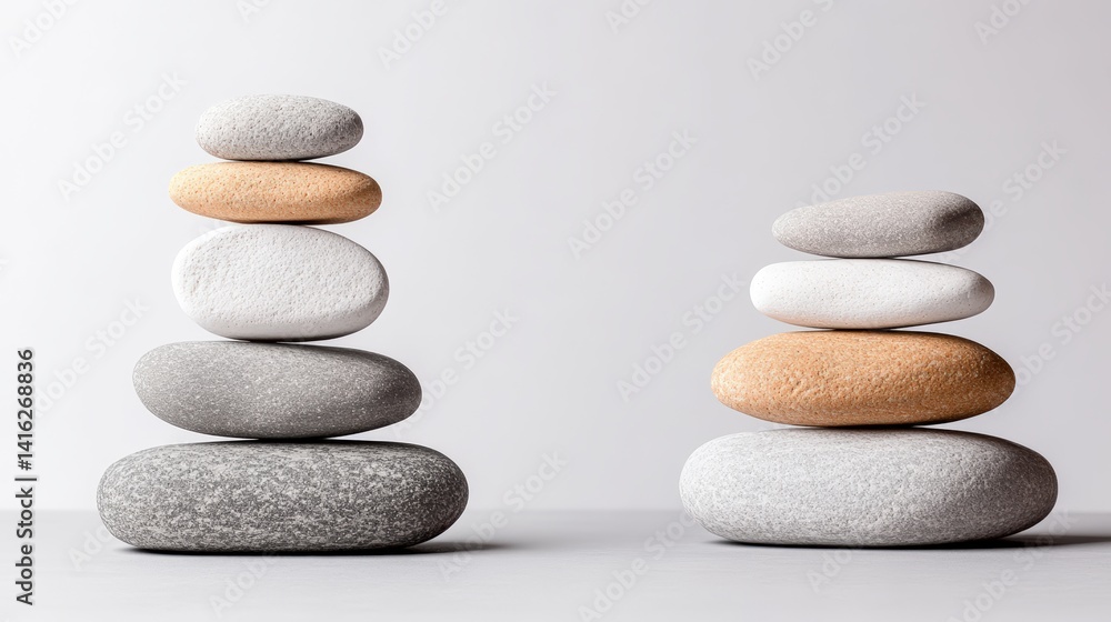 Poster two stacks of smooth multicolored stones balanced against a minimalist white background showcasing t