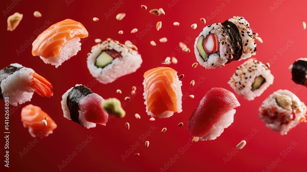 Poster A Colorful Array of Sushi Varieties Floating Against a Bold Red Background Capturing the Essence of Japanese Cuisine and Culinary Artistry for Gastronomic Delight