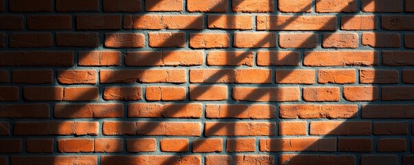 A close-up view of a brick wall with shadows creating interesting patterns.