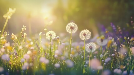 Obraz premium Golden Glow of a Meadow with Dandelions and Wildflowers in Soft Focus, Capturing Nature's Simple Beauty and Tranquility in a Blossoming Landscape