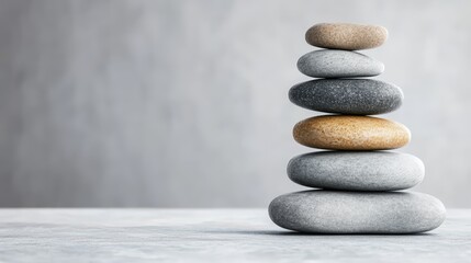 A serene arrangement of six smooth gray and tan stones elegantly stacked on a light gray surface with a textured gray background enhancing the scene