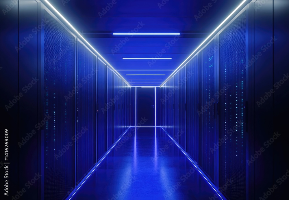 Poster sleek blue-lit data center hallway with closed server cabinets and glowing floor lines, ideal for cy