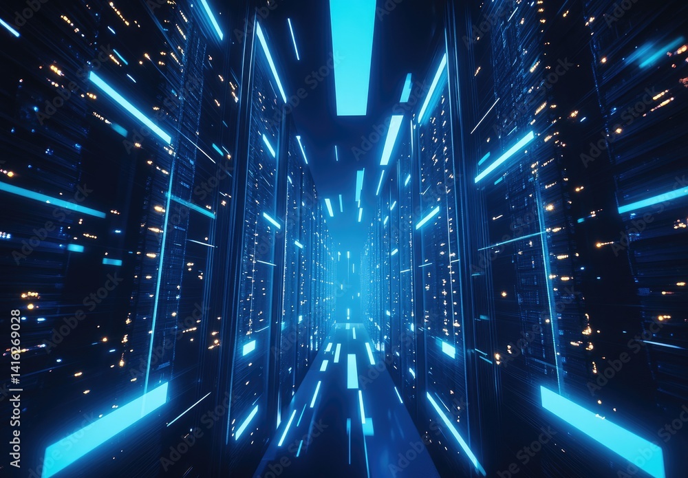 Aufkleber futuristic data center corridor with glowing blue lights and digital reflections, ideal for technolo