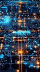 Fototapeta premium A vibrant, abstract representation of a circuit board with glowing lines and nodes, showcasing technology and interconnectedness in a digital landscape.