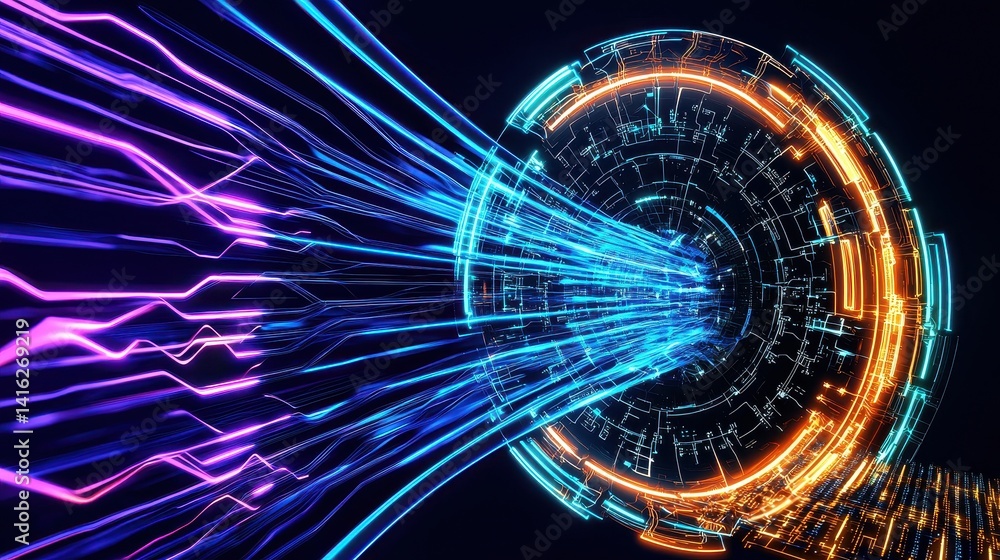 Poster a vibrant, abstract representation of energy flows, featuring colorful lines and circular patterns a