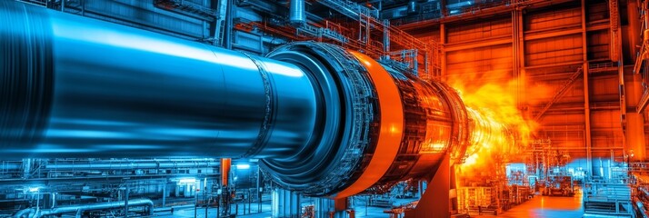 Industrial power: modern turbine engine in factory setting with vibrant color contrast generating energy for a high tech background