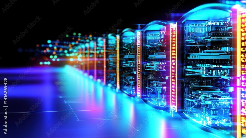 Poster a futuristic data center with illuminated servers lined up, showcasing advanced technology and vibra