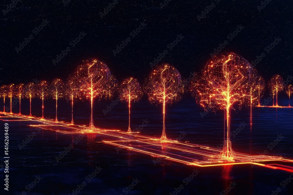 Poster a mesmerizing scene of illuminated trees against a starry night sky, creating a magical and ethereal