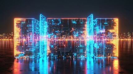 Fototapeta premium A futuristic digital landscape featuring glowing circuit patterns reflecting on water, set against a city skyline at night.