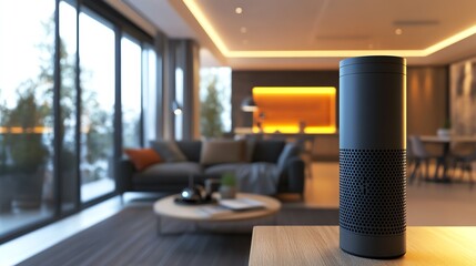 Naklejka premium Modern Living Room With Smart Speaker on a Table and Cozy Ambiance During the Evening Hours