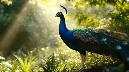 Obraz premium Majestic peacock portrait amidst lush greenery, bathed in sunlight serenity