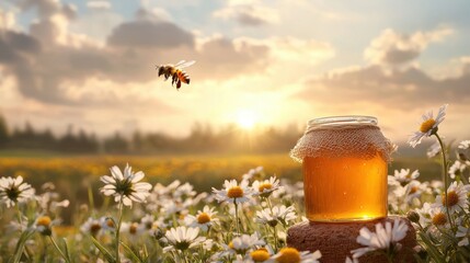 A jar of honey surrounded by flowers on a sunny day, showcasing nature's sweetness.