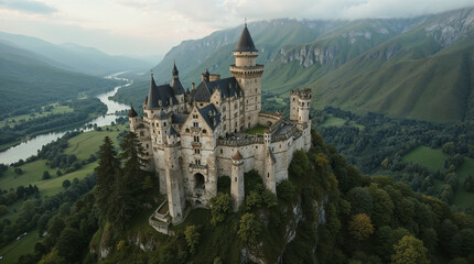 huge medieval castle surrounded by beautiful nature at summer with green trees, aerial view, drone shot
