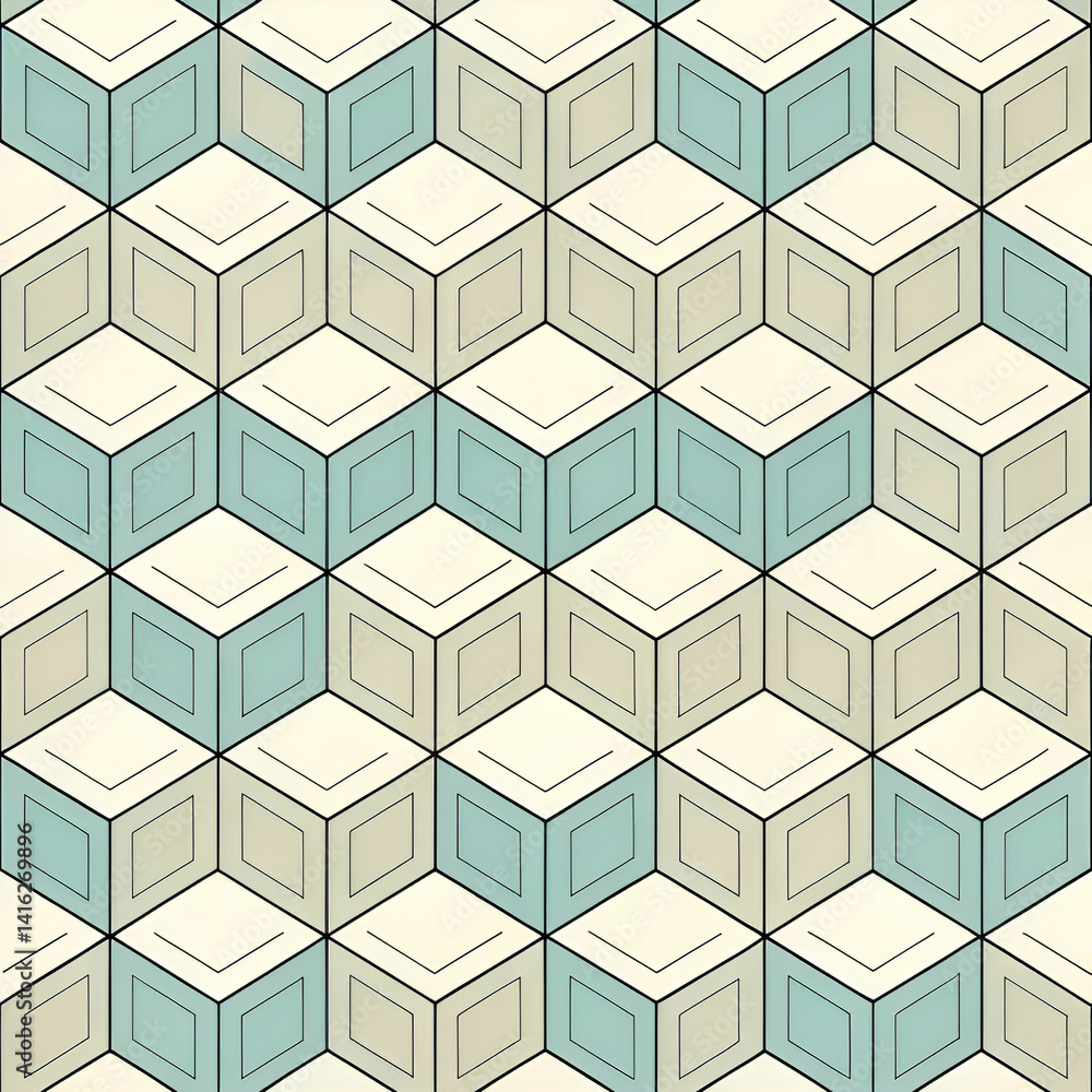 Poster minimalist isometric cube pattern seamless vector, featuring clean, geometric cubes arranged in a sl