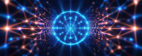 Obraz premium A vibrant, abstract representation of interconnected energy, featuring glowing lines and a central orb, evoking themes of technology and scientific exploration.