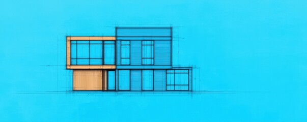 A modern architectural design illustration in blue and orange hues.