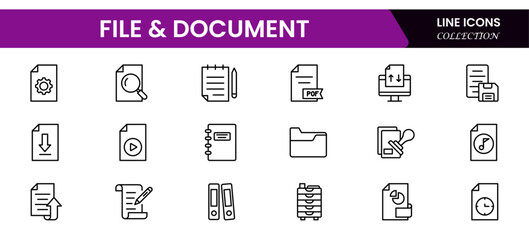 Document outline icons. Document icon set. Set of outline icons related to documents, files, messages, and security, Linear icon collection. 