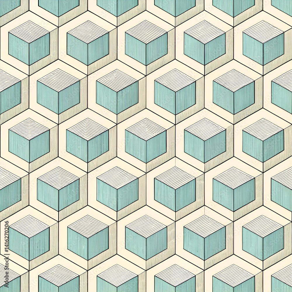 Poster minimalist isometric cube pattern seamless vector, featuring clean, geometric cubes arranged in a sl