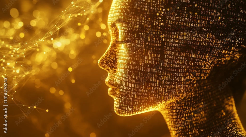 Poster golden digital woman portrait: binary code face with data particles and light reflections on a dark 