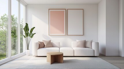Cozy modern easter living room with pastel decor minimalist design bright natural light tranquil atmosphere