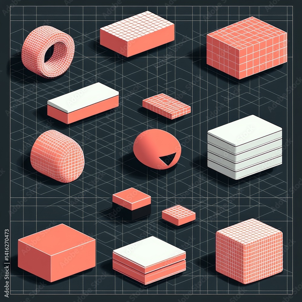 Poster isometric arrangement of 3d geometric shapes in pastel hues creating an abstract pattern reminiscent