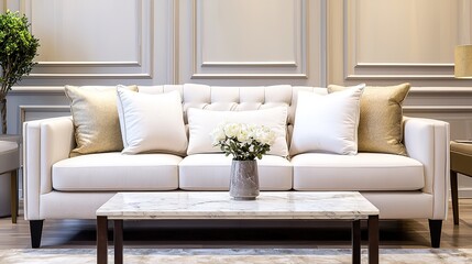Elegant high-end modern living room design upscale residence interior photography neutral palette inviting atmosphere