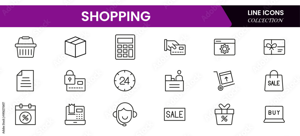 Poster set of shopping cart icons. collection of web icons for online store, from various cart icons in var