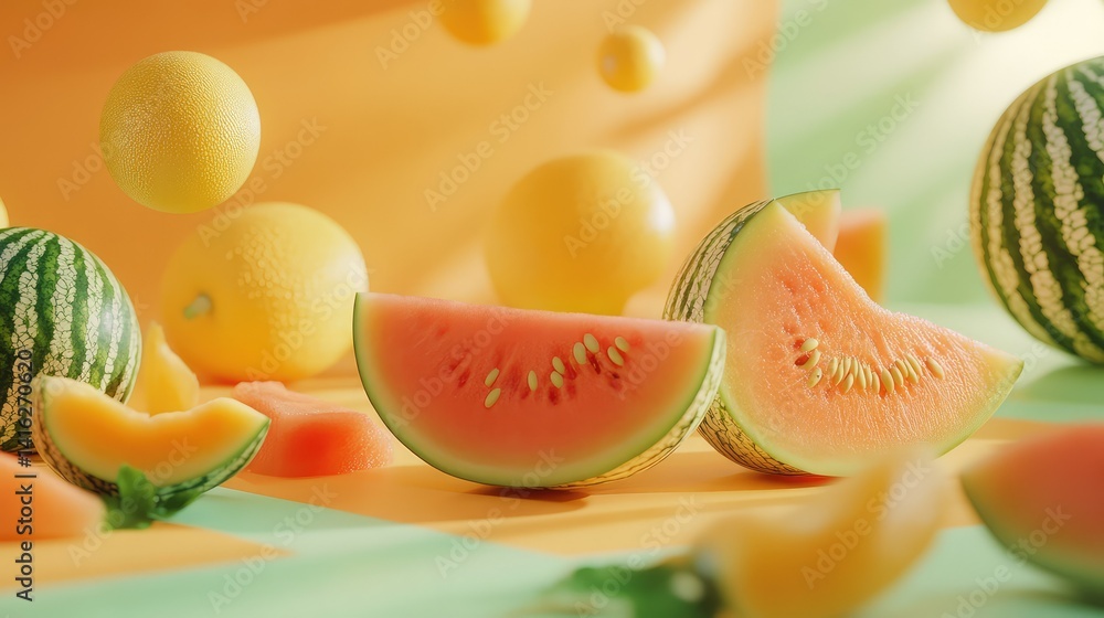 Poster vibrant composition of fresh watermelon and melon on a playful colorful background with floating fru