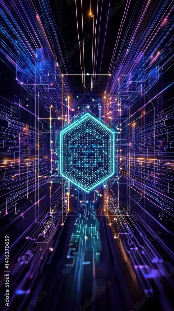 Poster a futuristic digital design featuring vibrant lines and geometric patterns, creating a sense of dept
