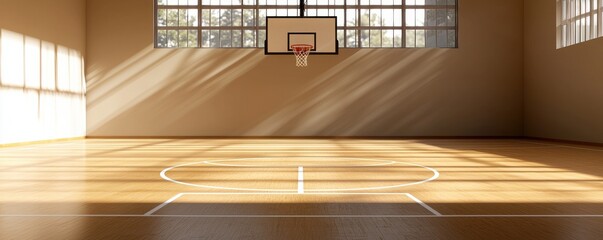 A sunlit basketball court with polished wooden floor and clear backboard.