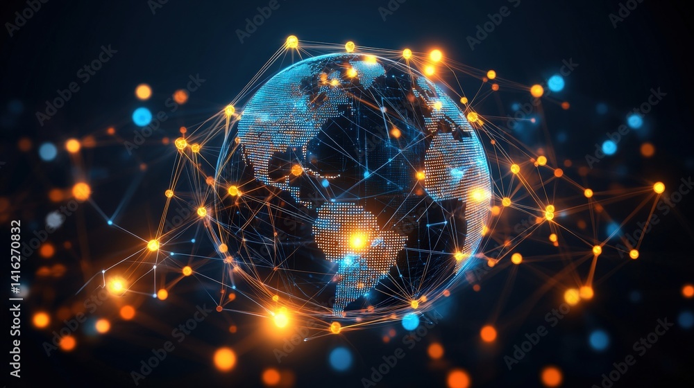 Poster a digital rende of earth surrounded by a complex network of glowing nodes and connecting lines symbo