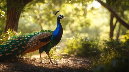 Obraz premium Elegant peacock struts through sun-dappled forest path with grace and beauty