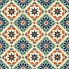Moroccan geometric tile pattern seamless vector, featuring intricate, symmetrical designs with bold colors and rich patterns, ideal for traditional or modern decor.