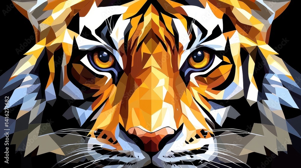 Aufkleber geometric tiger portrait with polygonal shapes and dynamic contrasts creating a captivating abstract