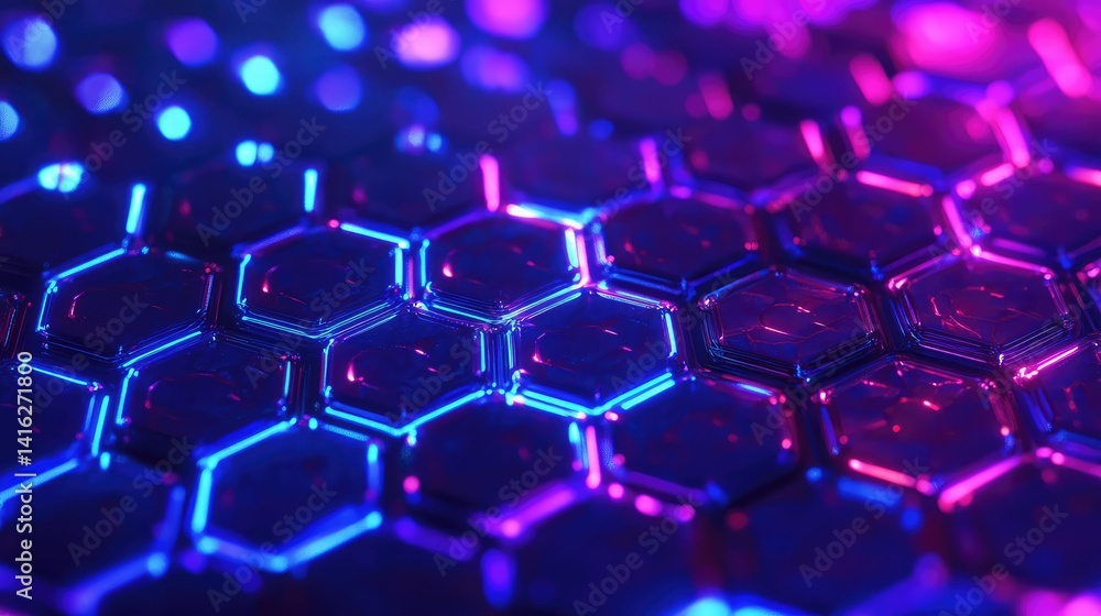 Poster vibrant abstract hexagonal pattern with bright neon lights and reflections for modern digital backgr