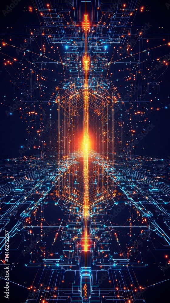 Poster a vibrant, futuristic digital landscape showcasing intricate circuitry and glowing lines converging 