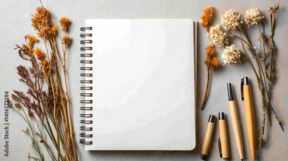 Aufkleber a blank spiral-bound notebook surrounded by dried flowers and wooden pens resting on a light gray su