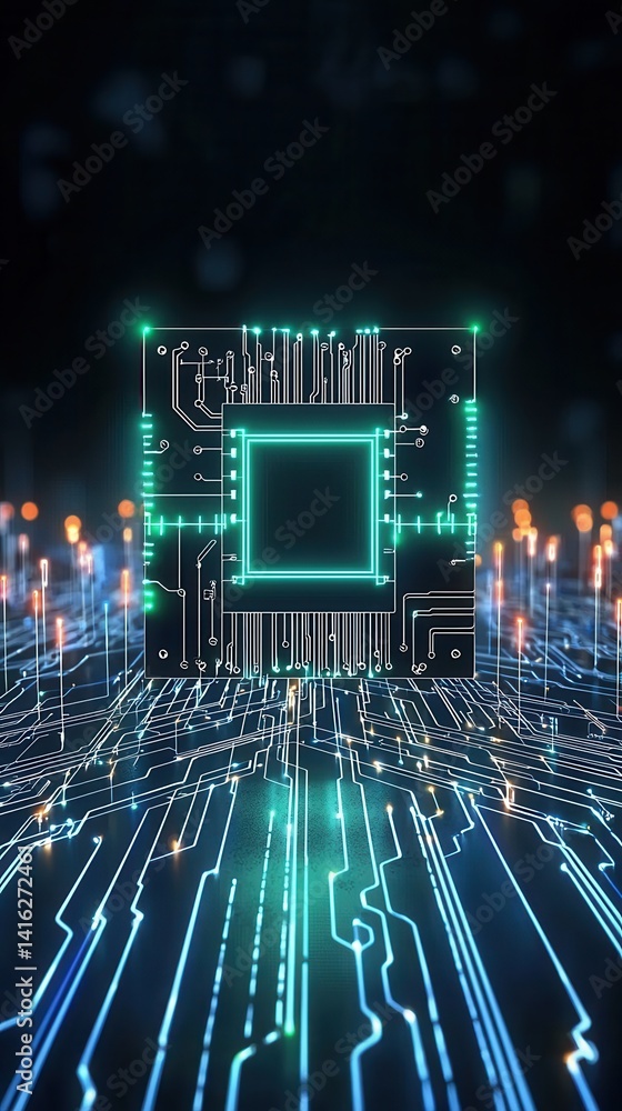 Poster a futuristic microchip surrounded by glowing circuits, representing advanced technology and digital 