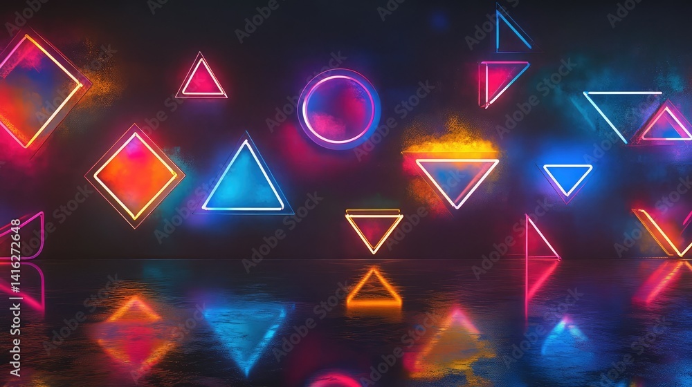Poster vibrant neon shapes on abstract background with reflections in a dark environment creating a futuris