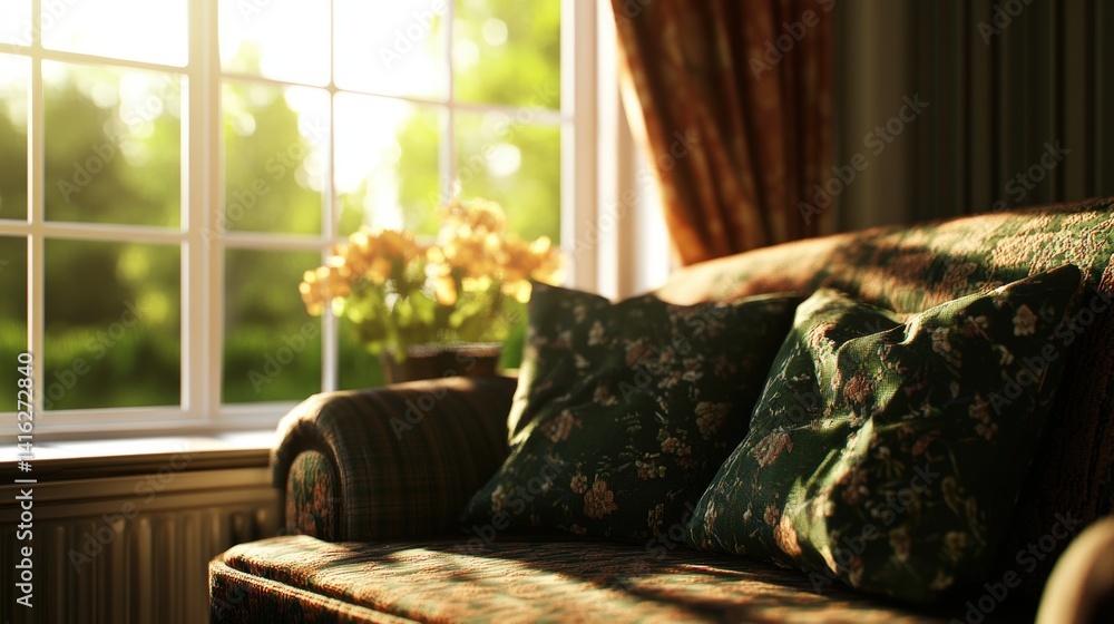Aufkleber warm sunlight streams through window illuminating cozy couch with patterned pillows and flower vase 