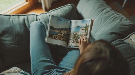 Lazy afternoon: A woman relaxing on the sofa reading a travel magazine