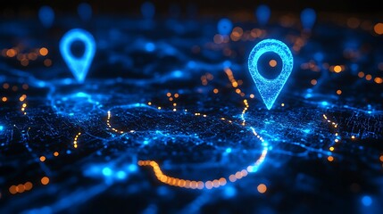 Futuristic Digital Map with Glowing Location Pins