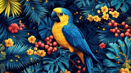 Obraz premium Vibrant tropical macaw portrait amidst flourishing flora detailed illustration with exotic foliage and vivid coloration conveying warmth and nature's charm
