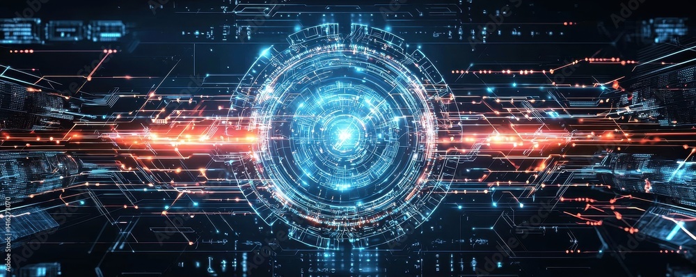Poster a futuristic digital interface featuring a central glowing orb surrounded by intricate patterns and 