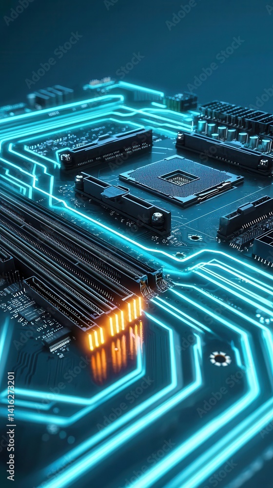 Poster a close-up view of a computer circuit board featuring glowing blue lines and intricate electronic co