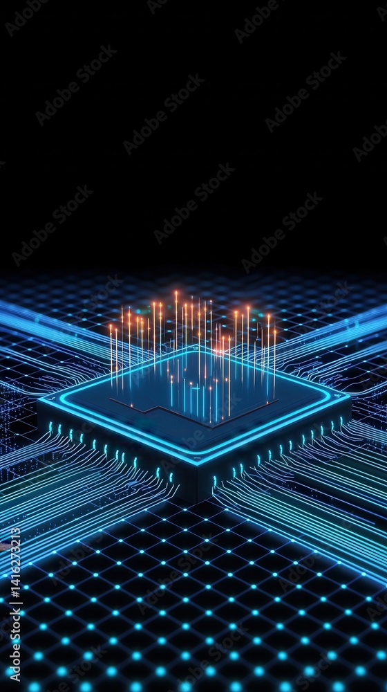 Poster a futuristic microchip design with glowing circuits and data streams, showcasing advanced technology